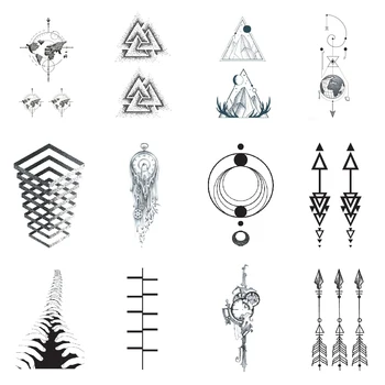 

Black Geometry Tattoo Sticker Earth Map Triangle Fake Tatoo Waterproof Temporary Adult Men Women 13.5X7.5cm Set of 12