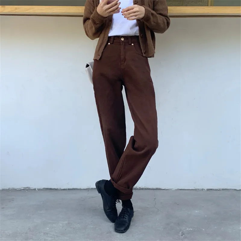 

HziriP Vintage Coffee High Waist Jeans Women 2020 New OL Denim Pants Spring Autumn Straight Boyfriend Jeans For Woman Clothes