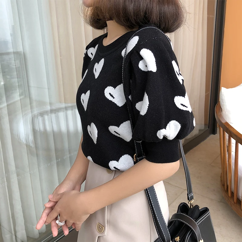 shintimes Tee Shirt Femme Hit Color Knitted T Shirts Women 2022 Summer Sweet Patchwork Puff Sleeve Tshirt Woman Vetement Femme