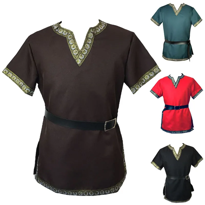 Mens Medieval Knight Warrior Costume Shirt Gothic Renaissance Short Sleeve Viking Pirate Tunic T-Shirt LARP Cosplay 