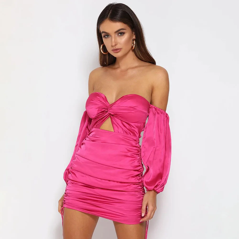 pink Криптографическое однотонное открытое мини-платье без бретелек с пышными рукавами и рюшами, платья на молнии с завязками, сексуальное облегающее платье с открытыми плечами - Цвет: pink