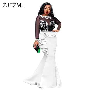 

Sheer Mesh Floral Spliced Elegant Dress Women Cascading Ruffles Long Sleeve Mermaid Dress Sexy See Through Club Party Robe Femme