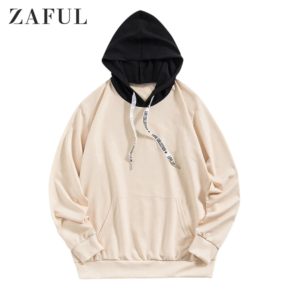 

ZAFUL Kangaroo Pocket Letter Printed Drawstring Hoodie Color Spliced Long Sleeves Pullover Winter Fall Men Warm Sweatshirts 2019