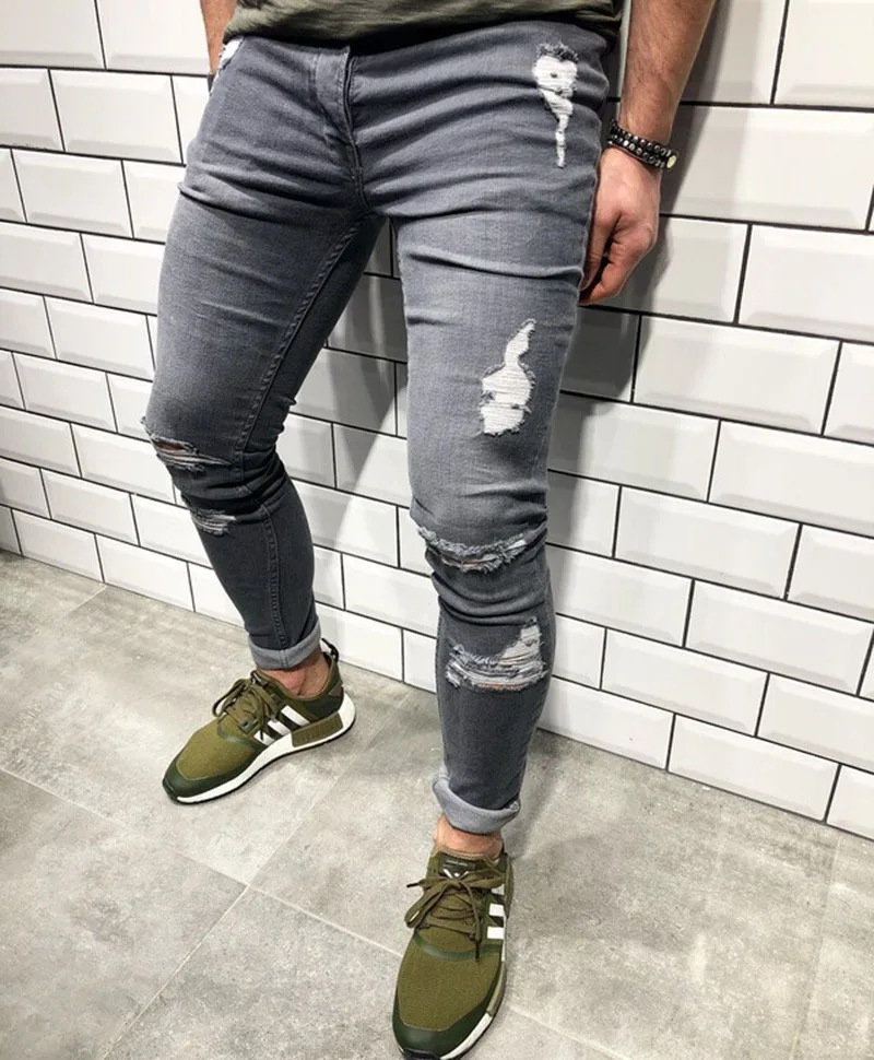 Серые джинсы мужские зауженные стрейч состаренные Рваные Freyed Slim Fit брюки