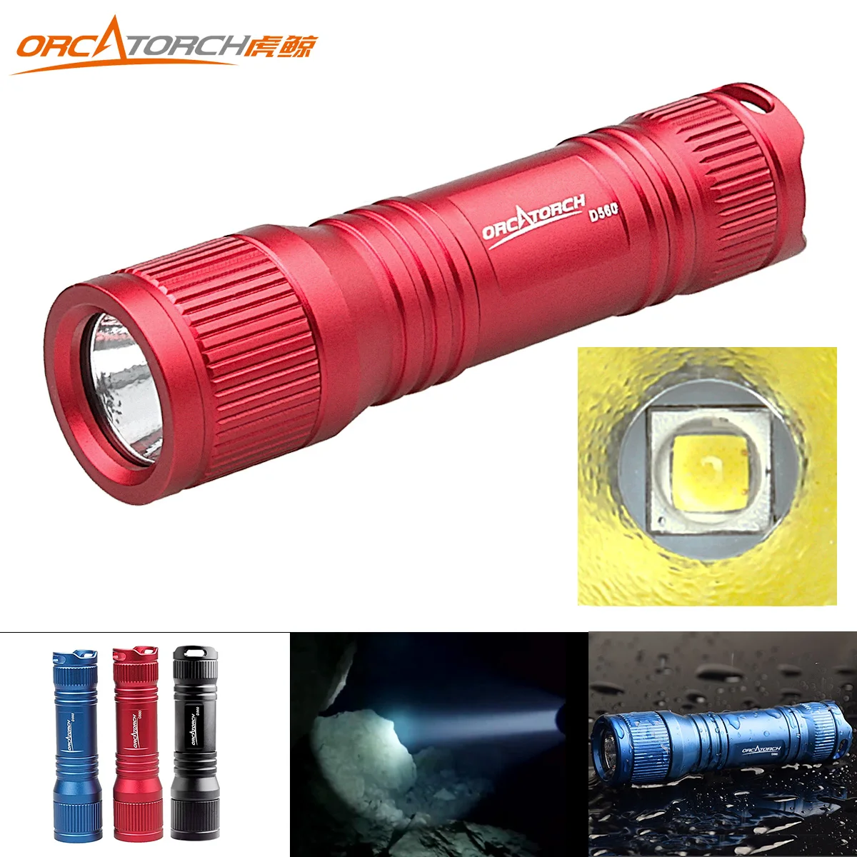 ORCATORCH D560 Waterproof Diving Flashlight 630 Lumens XM-L2 U2 LED with O Ring and Hand Rope for Professional Diving