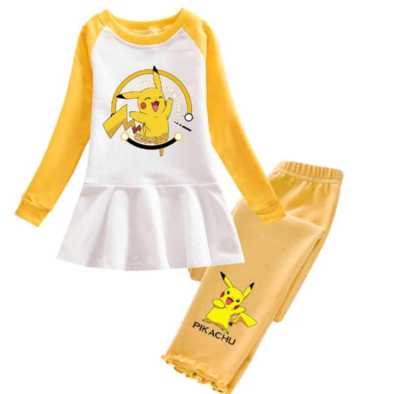 Весенне-осенний костюм с покемонами для маленьких девочек, комплект одежды для девочек, детские платья с длинными рукавами, брючный костюм, одежда Пикачу, элегантное платье - Цвет: 6021yellowset
