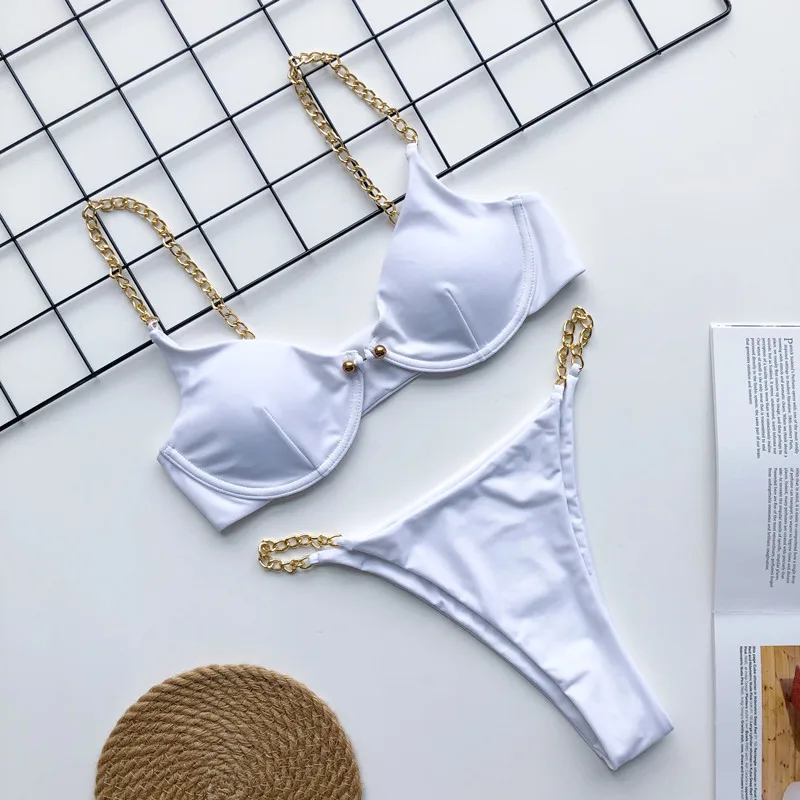 Sexy ring bikini set High cut swimwear women Push up bathing suit Deep v-neck white swimsuit female Summer bathers biquini