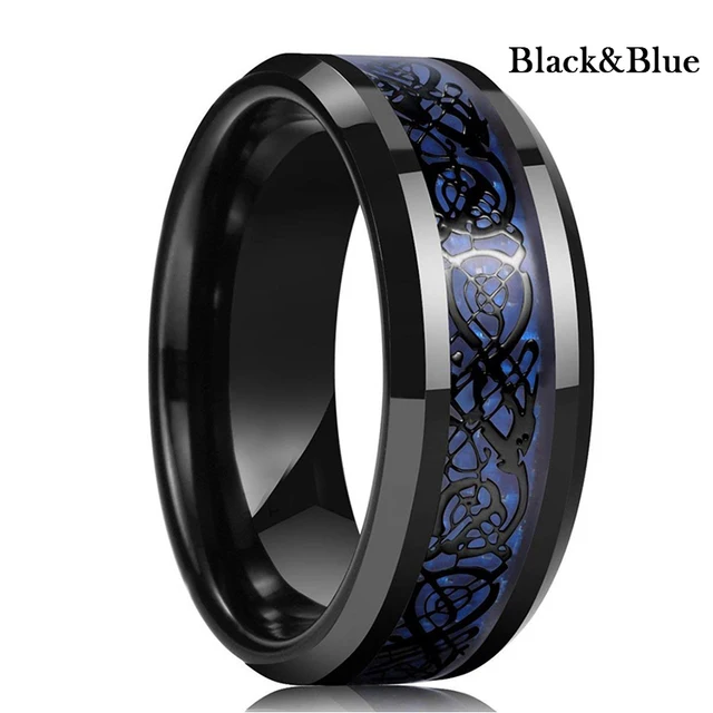 10 Colors 8mm Men's Stainless Steel Celtic Dragon Ring Inlay Red Green Black Carbon Fiber Ring Wedding Band Jewelry Size 6-13 BlackBlue