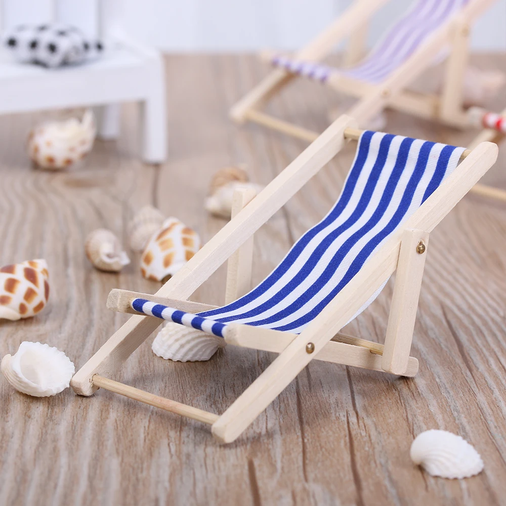 1PC Wooden Lounge Chair for 1/12 Dollhouse Miniature Furniture Folding Stripe Beach Chair Model Mini Home Desktop Decor miniature house kit miniature ornament desk decor miniature figurines wooden figurine crafts resin crafts glass fruit pendants