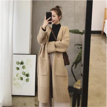 

Women's Casual Open Front Long Sleeve Knit Cardigan Sweater Coat with Pockets Korean-Style Loose Mid-Length coat