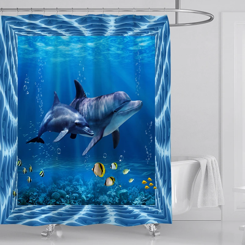 Ocean Dolphin Deep Sea Polyester Shower Curtain Bathroom Waterproof With 12 Hooks Bath Mat Set