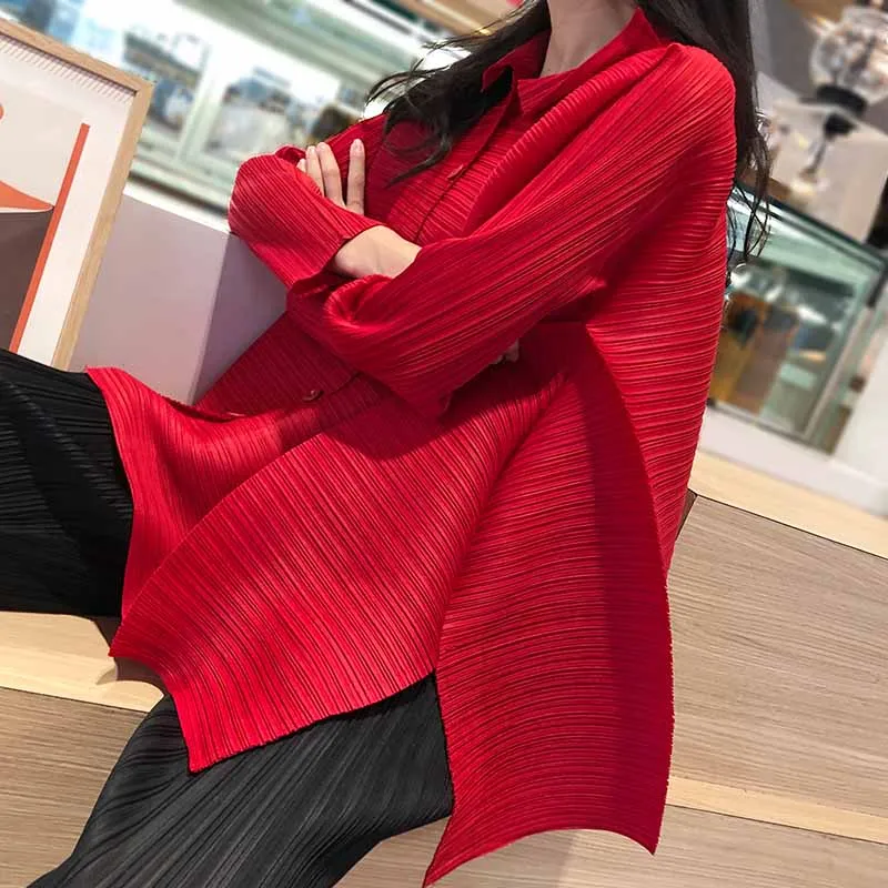 Женская плиссированная блузка Miyake однотонный однобортный Асимметричный Длинный