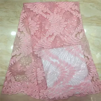 

2019 Latest African Lace High Quality French Lace Fabric With Sequins African Tulle Lace Fabric For Nigerian Wedding Dress Pink