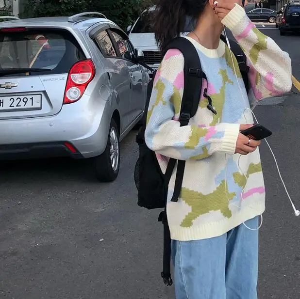 Женские свитера в винтажном японском стиле Kawaii Ulzzang, свободный вышитый Камуфляжный свитер, Женская Корейская одежда Harajuku для женщин - Цвет: Белый