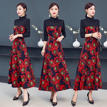 

Fashion Printing New Waist Slimming Temperament Knit Dress Red Flower Woman Maxi Dress Elegant Spring and Autumn Womens Clothing