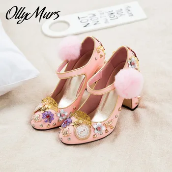 

Ollymurs New Chick Design Pink Round Toe Pom Pom Mary Janes Pumps Shoes Women