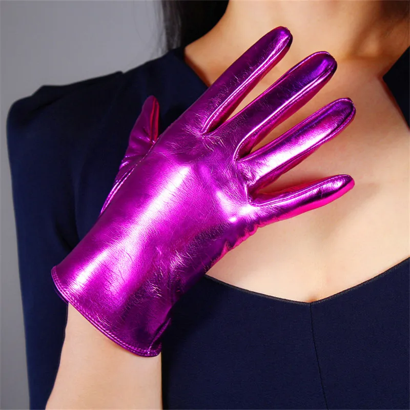 leather rose red Короткие перчатки для сенсорного экрана 21 см из искусственной кожи, зеркальные Яркие кожаные лакированные кожаные яркие черные, коричневый, белый светильник WPU125 - Цвет: leather rose red