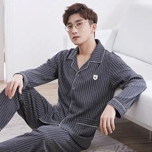 

2021 Trendyol Striped Man Pajama Sets Cotton Lounge Turn-down Collar Button Down Homewear Male Plus Size Two Piece Set Sleepwear