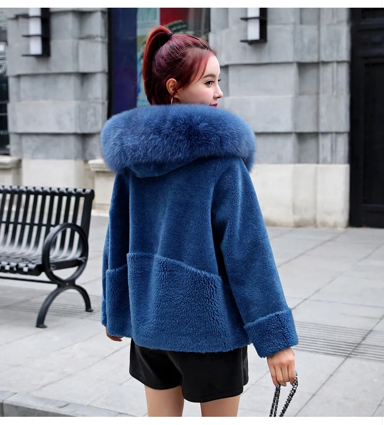 Blue Новое пальто из натурального меха женская зимняя куртка воротник из лисьего меха с капюшоном платье с открытыми плечами большой размер шерстяное пальто женские шубы F1838 KJ3179 - Цвет: Blue