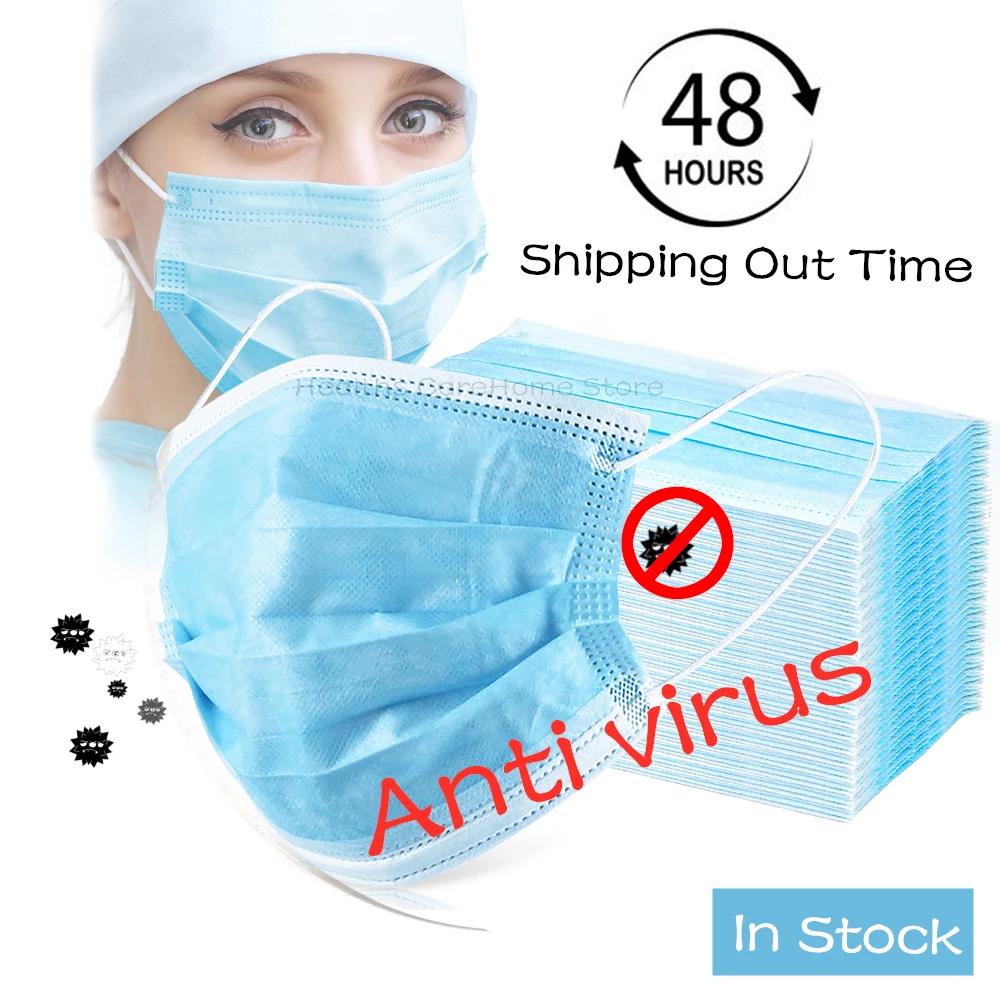 

In Stock 50 PCS Blue 3 Layer Disposable Protective Face Mask to Antivirus Masks Dustproof Anti virus coronavirus Protective Mask