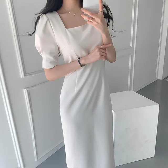 SHIJIA Square Collar Woman Dress 2021 Summer Short-sleeve White Blue Chic Slim Waist Vestidos Korean Ol Dresses Female Clothing 1