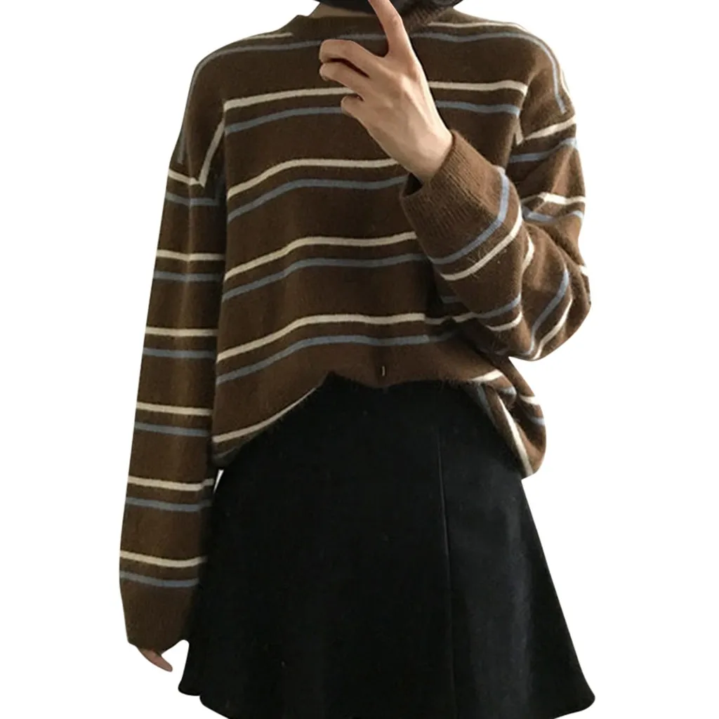 Модный кавайный женский полосатый свитер, классический стиль, Осенний пуловер, топ, блузка, Новая Милая зимняя одежда, женские свитера - Цвет: Brown