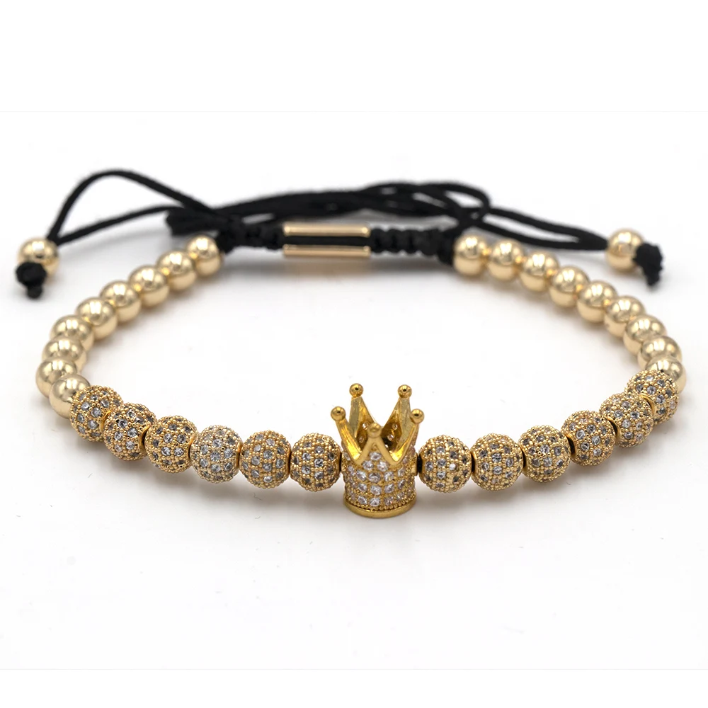 Luxury Jewelry CZ Ball Crown Charm Bracelet Copper Bead Macrame Handmade Men 3pcs Bracelets Set Bangles For Men Jewelry - Окраска металла: 6mm cz gold