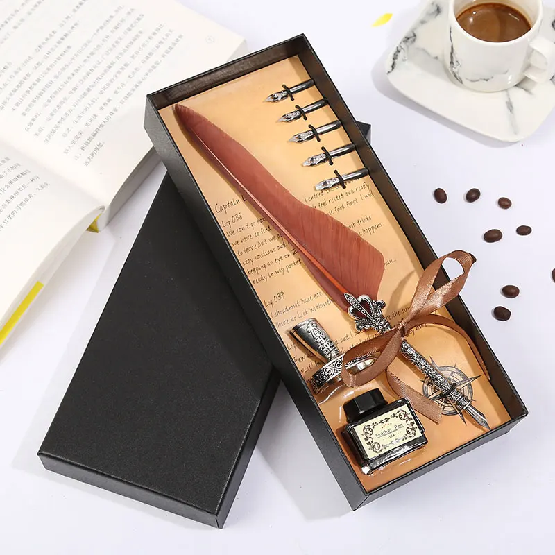 

Natural Feather Making Feather Pen Personality Design European Stationery Set Fashion Black Box Packaging Writing Tool