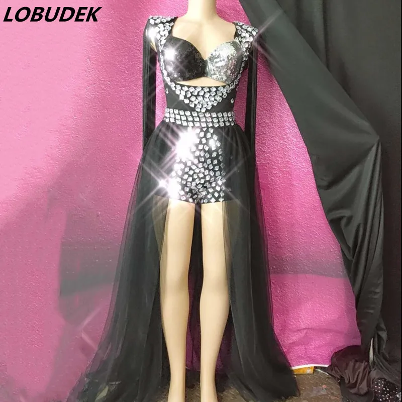 

Bar Evening Stage Female Singer Host Dance Performance Costume Silver Black Sequins Rhinestones Tail Bodysuit Nightclub Costume