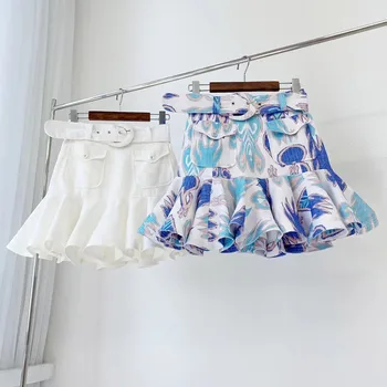 

Top Quality Ikat Blue Print Linen Skirts Women 2020 Summer Hot Sale European Fashion Laides Elegant Ruffles Mini Skirt