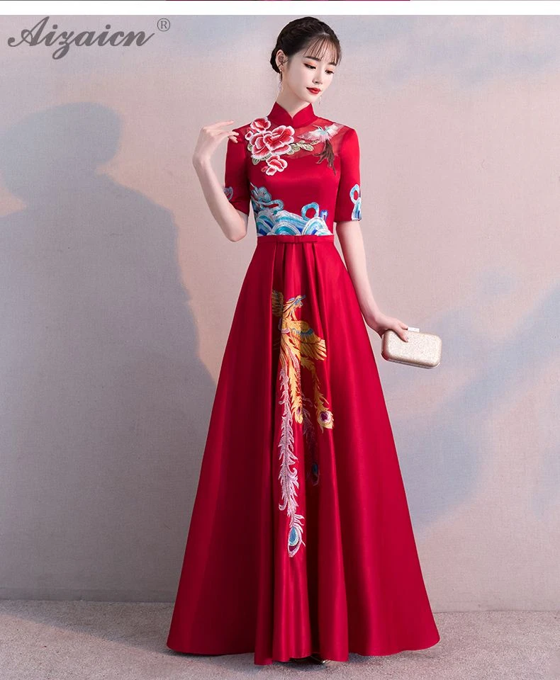 Феникс вышивка длинный Cheongsam красный современный Femme Тонкий Вечерние платья Qi Pao женское традиционное китайское свадебное платье Qipao