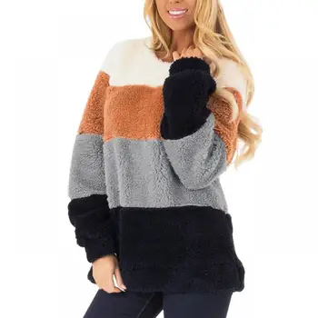 

Plus Size Striped Sweatshirt Hoodies Women 2019 Long Sleeve Fleece Hooded Pullover Color Block Winter Plush Loose Sweatshirts