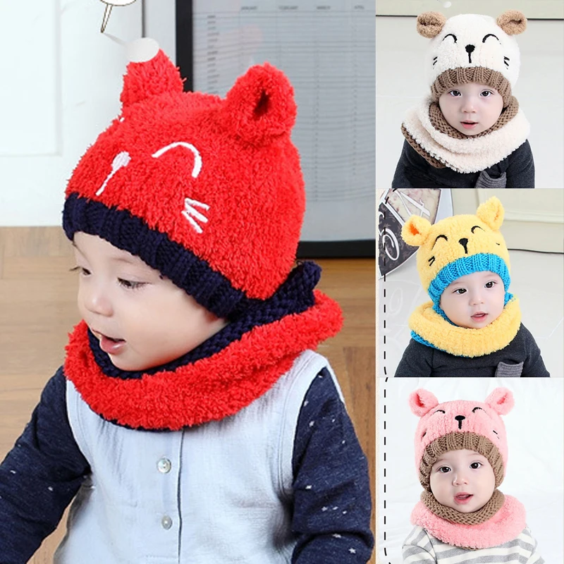 

CYSINCOS New Adorable Baby Boy Girls Winter Kitten Warm Knit Bear Hat And Scarf Toddler Crochet Beanie Child Hat Scarf Set