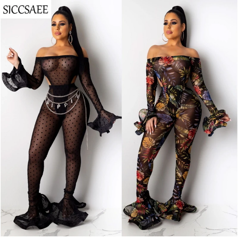 

Ruffles Costumes Two Piece Set Polka Dot Floral Print Mesh Outfits See Through Flare Sleeve Bodycon Bodysuit Bell Bottom Pants