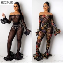 Ruffles Costumes Two Piece Set Polka Dot Floral Print Mesh Outfits See Through Flare Sleeve Bodycon Bodysuit Bell Bottom Pants mesh insert polka dot knee length bodycon dress