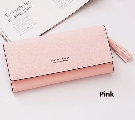 Korean Fashion Tassel Long Wallet Large-Capacity Multi-Card Women's Coin Purse Cross Buckle - Цвет: Розовый
