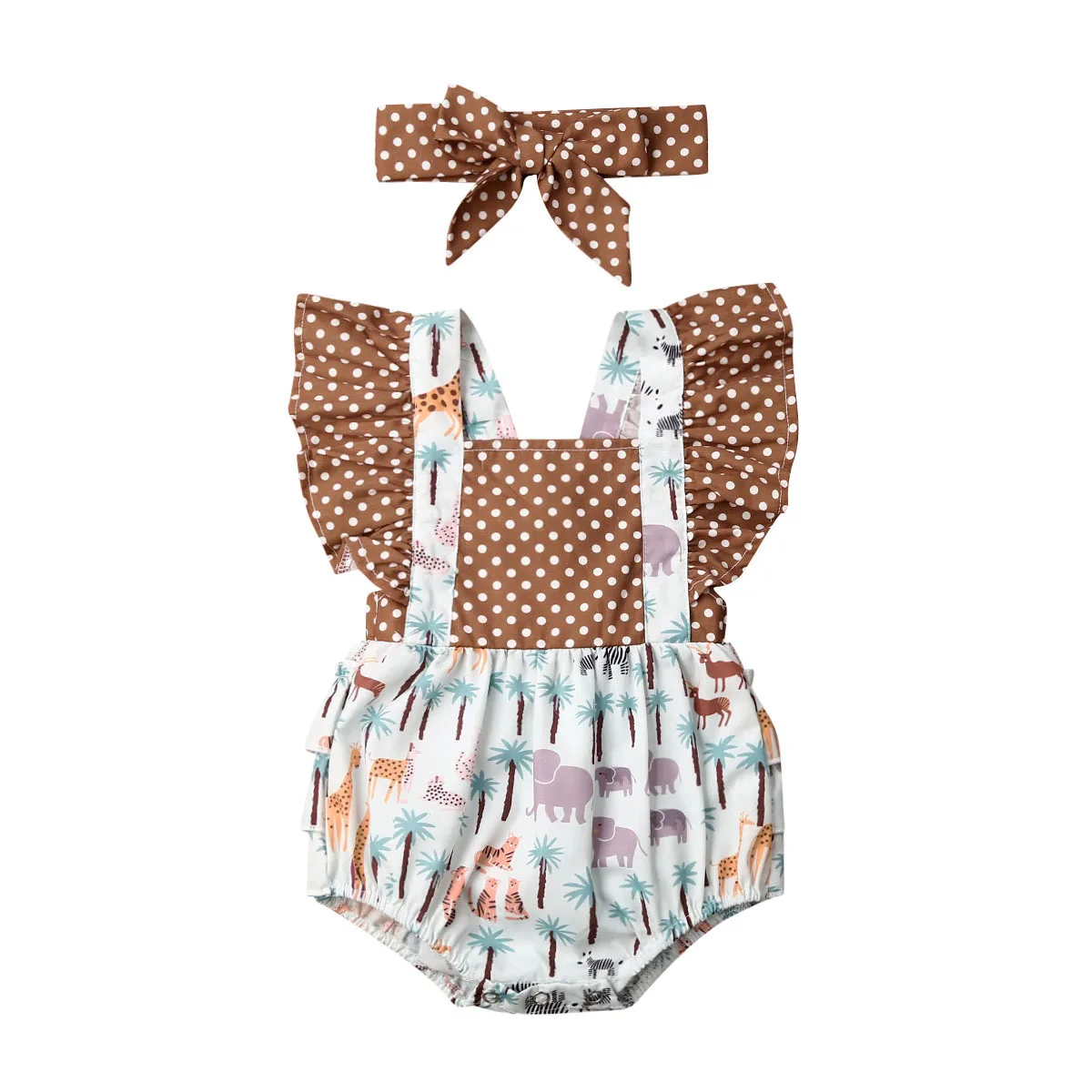

Summer Kid Baby Girl Animal Print Sleeveless Ruffle Dot Bodysuit+Headband Patchwork Clothes
