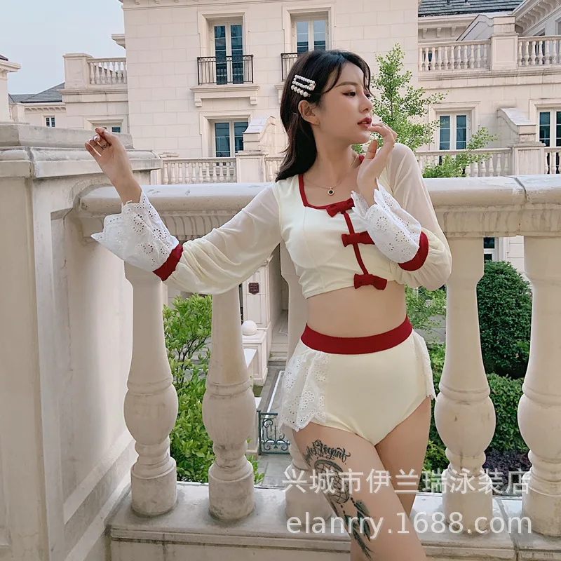 

2019 Summer New Style Long Sleeve Sun-resistant Bikini behind Cross Lace-up Small Bust Gathering High-waisted Slimming Two-piece