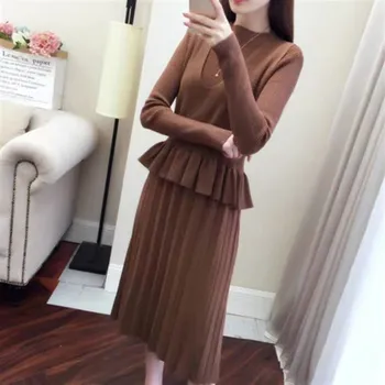 

Korea Chic Solid Color Sweater Dress Sets Ruffles Female Casual Vest Long Sleeve Knitted Dress Women Suit