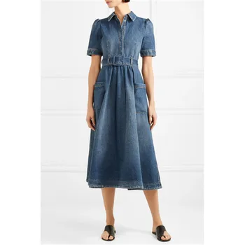 

2020Summer New brand designer vintage big swing denim dresses women turn down colar short sleeve pocket a-line dresses with belt
