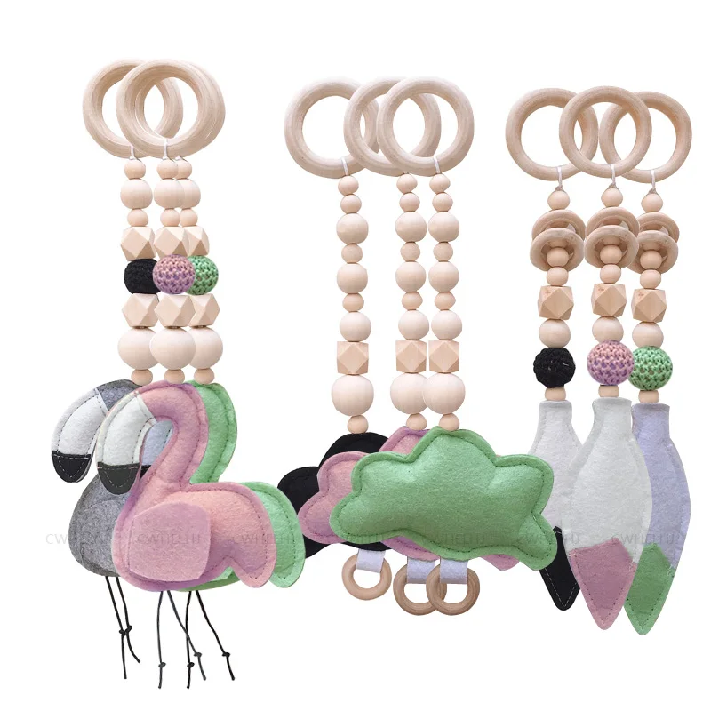 

3 Pieces Nordic Wood Bead Garland Toy Kids Room Decor Baby Gym Sensory Ring-pull Toys Play Tent Ornament Flamingo/Cloud/Feather