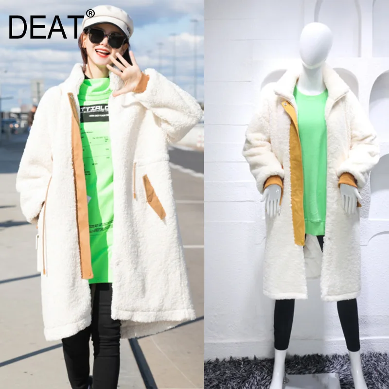 

DEAT 2020 new autumn and winter turn-down collar full sleeves pocket fake fur beige color loose trench stay warm 19G-a72-