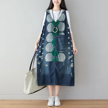 

Fashion 2020 New V-neck Polka Dot Mid-length Dress Ripped Individual Denim Skirt