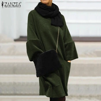 

ZANZEA 2020 Fashion Mini Dress Patchwork Fur Sleeve Dresses Women Short Vestidos Casual Long Sweatshirts Vestido Robe Femme 5XL