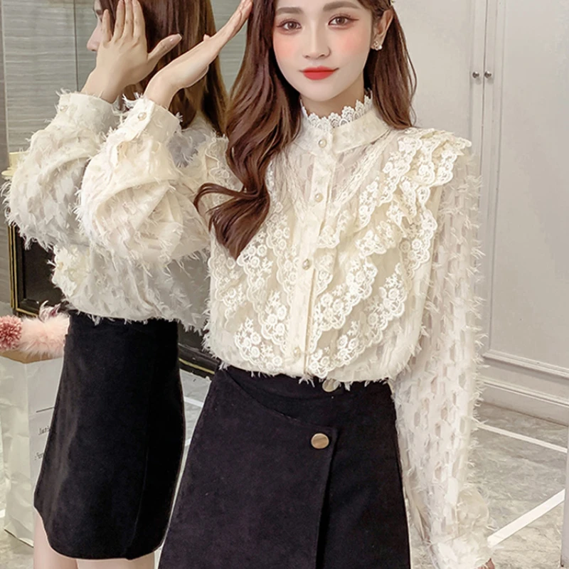 Blusas de manga larga de encaje para mujer, camisas informales de solo pecho con borlas cuello levantado, de Dobby, otoño|Camisa| - AliExpress