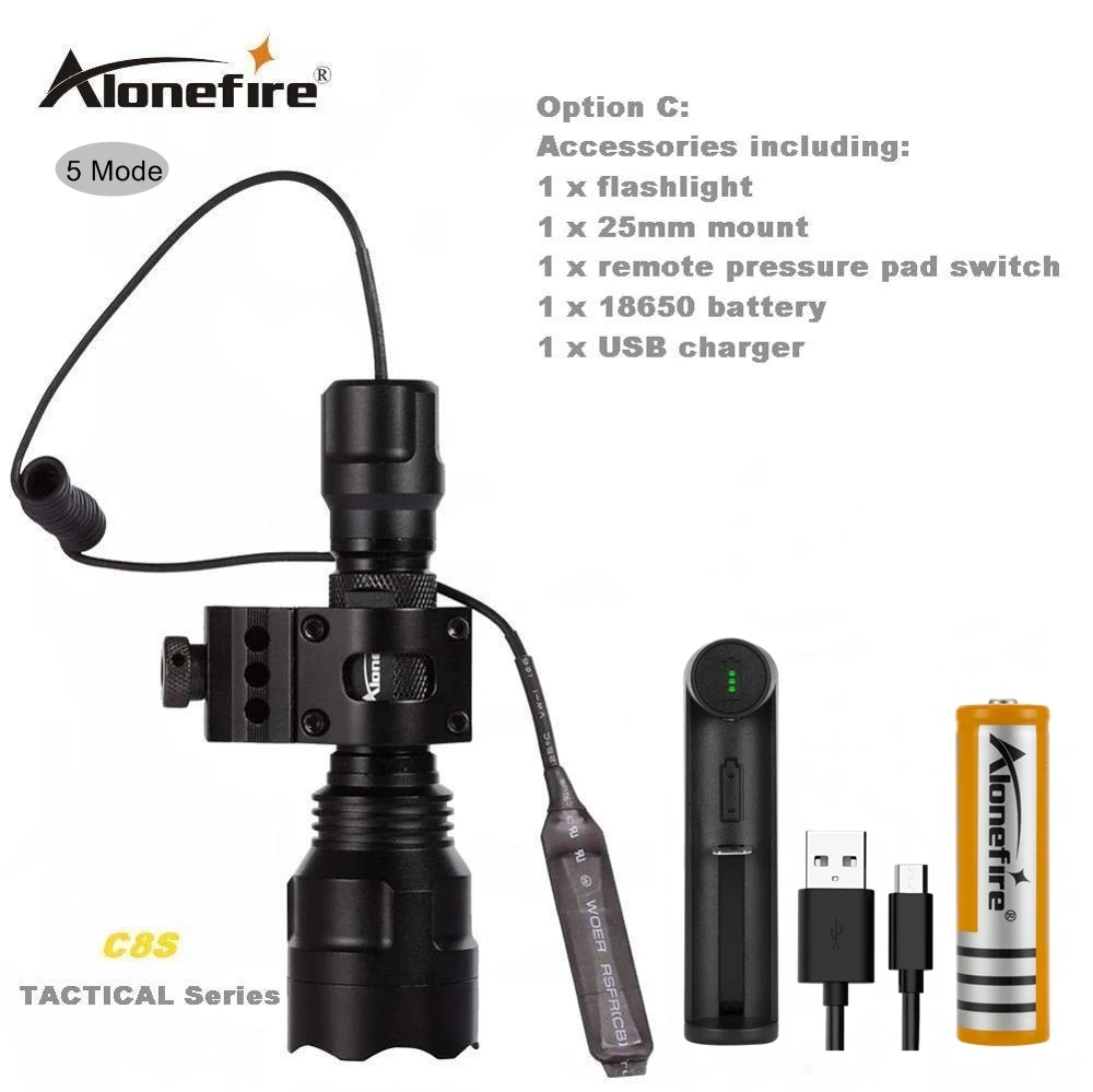 AloneFire C8 CREE XML T6 светодиодный тактический светильник фонарь страйкбол прицел ружья светильник 18650 перезаряжаемая батарея - Цвет: C8T6-5 T2008-C