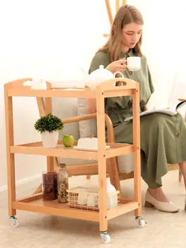 

Solid Wood Mobile Dining Car Trolley Full Beech Multifunctional Household Three-layer Wine Cart Kitchen Rack Tea Cart