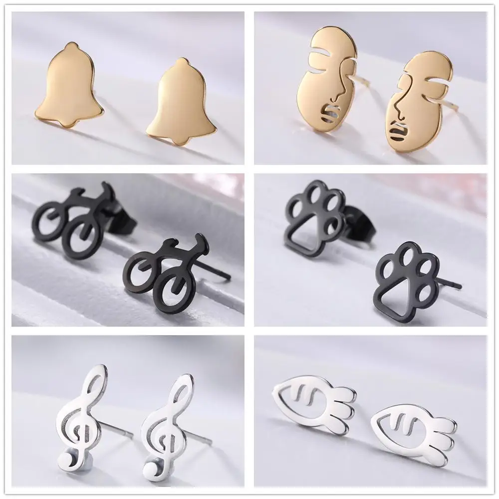 Teamer, серьги-гвоздики из нержавеющей стали золотого, серебряного, черного цвета, колокольчик, маска собачьей лапы, музыкальные ноты, мини-серьга морковки для женщин