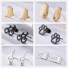 Teamer, серьги-гвоздики из нержавеющей стали золотого, серебряного, черного цвета, колокольчик, маска собачьей лапы, музыкальные ноты, мини-серьга морковки для женщин