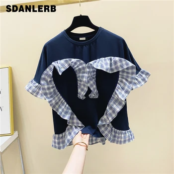 

Women's Summer T-shirt Striped Stitching Ruffles Design Short Sleeve Cotton T-shirt Summer Top Loose Tshirt Harajuku Ladies Top